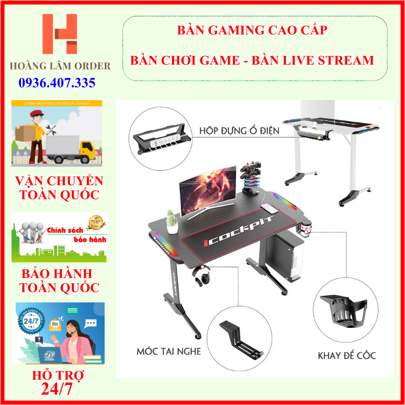 Bàn gaming cao cấp sợi cacbon, bàn chơi game , bàn làm việc thông minh có đèn led - kích thước : 60x110x70 cm