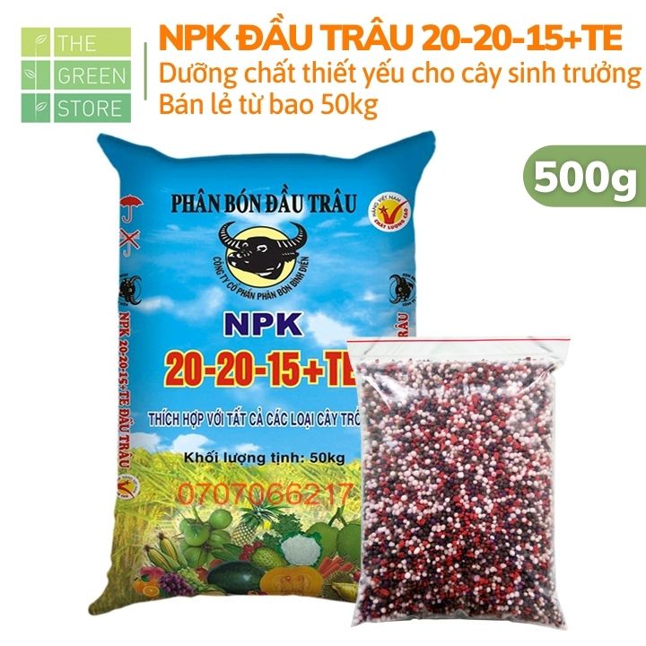 Phân NPK 3 màu Đầu Trâu 20-20-15+TE (500g - 1kg) bán lẻ từ bao 50kg cho hoa hồng, mai vàng, hoa cây cảnh, rau sạch, cây ăn trái