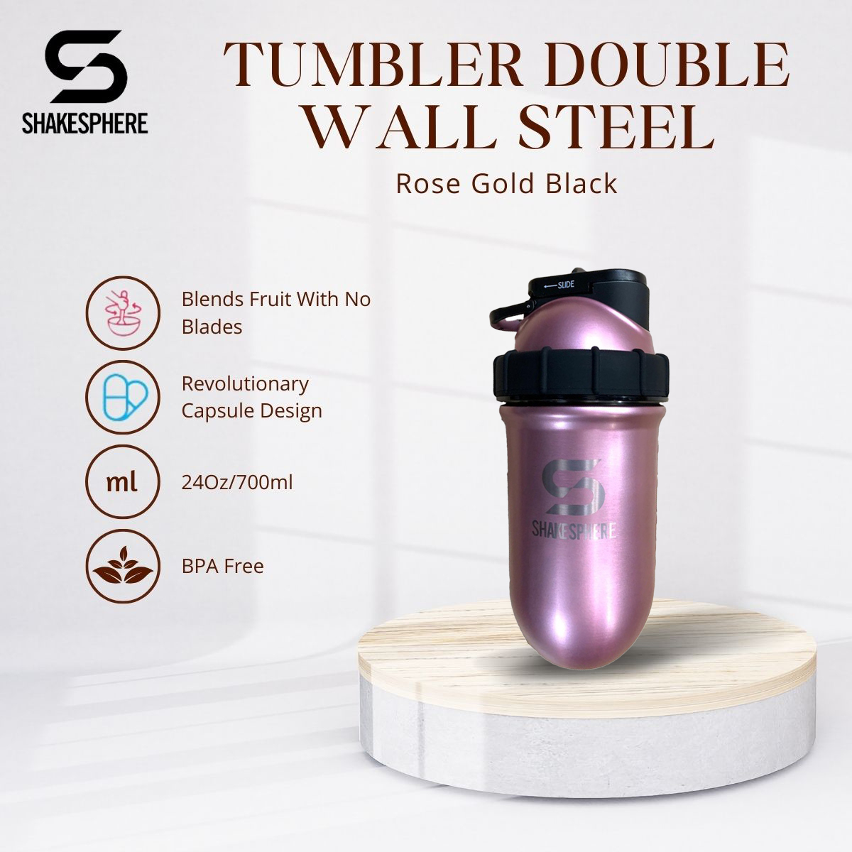 ShakeSphere Tumbler View | Shaker Bottles | 700ml - Rose Gold & Clear