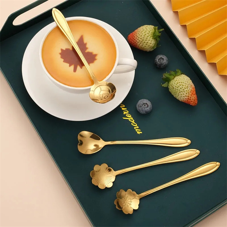 Muỗng cafe inox mạ vàng không rỉ, hoa văn đẹp - thìa cafe hoa hồng, thìa trái tim, thìa hoa anh đào