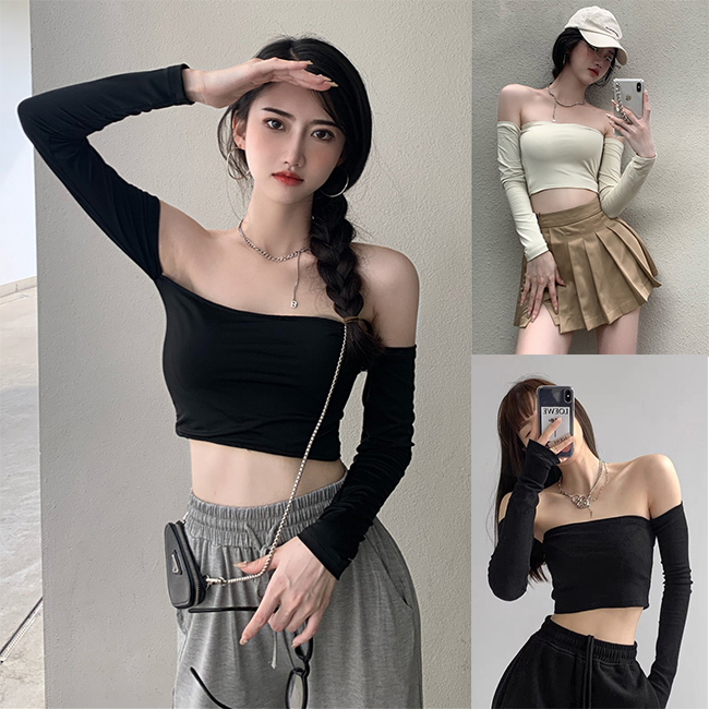 Áo nữ hở lưng hai lớp có mút ngực lót trong kiểu croptop dài tay hở vai gợi cảm chất thun borib "quây td"