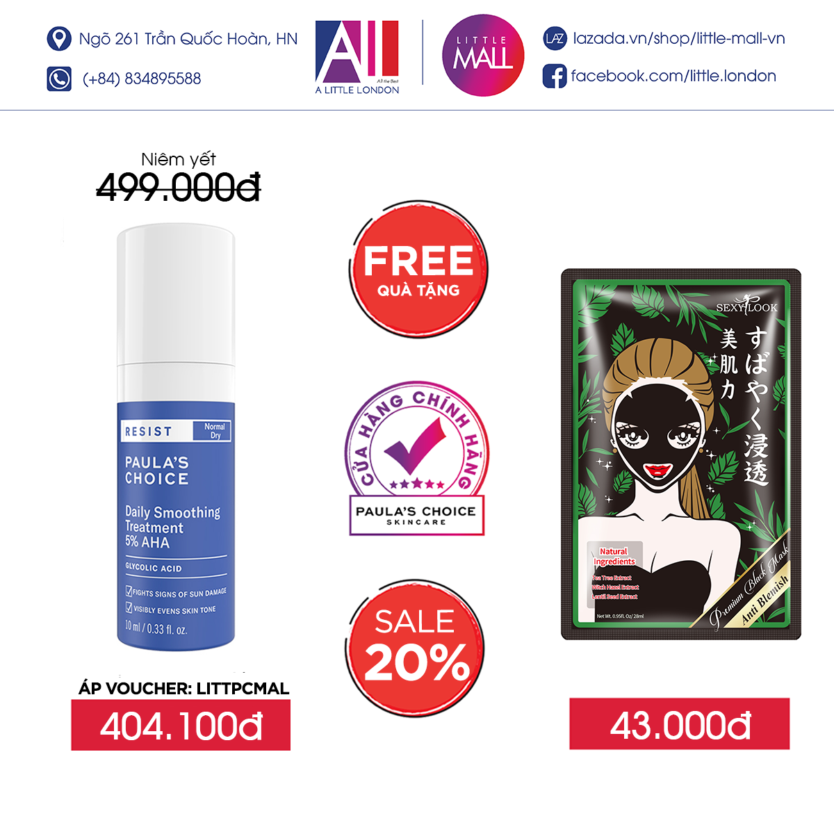 Tẩy tế bào chết 5% AHA Paula's Choice resist daily smoothing treatment TẶNG mặt nạ Sexylook (Nhập khẩu)