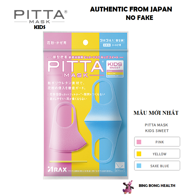 (KHÔNG BÁN HÀNG FAKE)Túi 3 chiếc khẩu Trang trẻ em PITTA KIDS SWEET nội địa Nhật(3-12 Tuổi)
