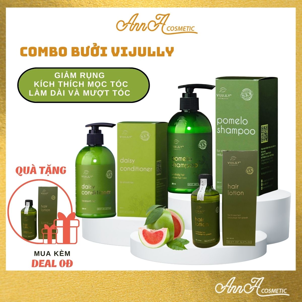 Combo vijully dầu gội bưởi dầu xả dừa tinh dầu bưởi ngăn rụng tóc kích thích mọc tóc nhanh dài và dày_anna.cosmetic phù hợp tóc rụng, hư tổn tặng kèm tinh dầu bưởi 120k