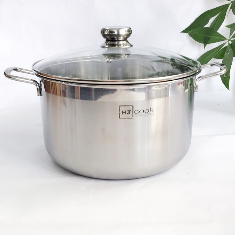 Nồi luộc gà inox 430 cao cấp H.T COOK 1 đáy bếp từ 26cm / 28cm / 30cm nắp kính ( tặng 2 vá canh )