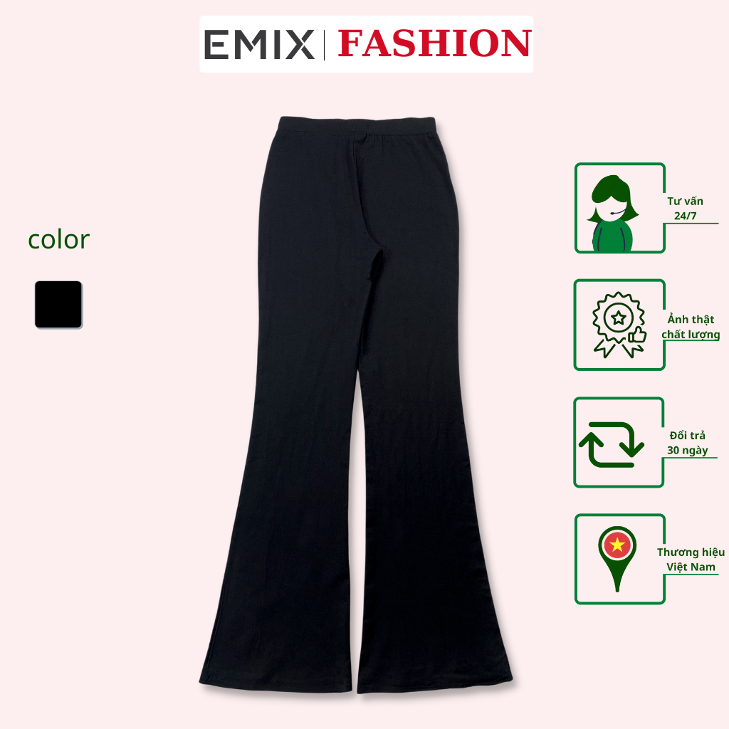 Quần ống loe nữ EMIX, basic trousers, dáng dài, cạp cao, lưng chun, ống loe