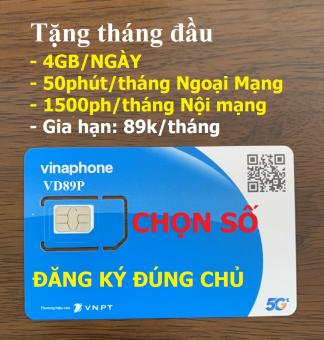 Sim 4G vinaphone VD89P - 4GB/ngày, 1500ph nội mạng, 50ph ngoại mạng/tháng - Tặng tháng đầu - Gia hạn 89k/tháng.
