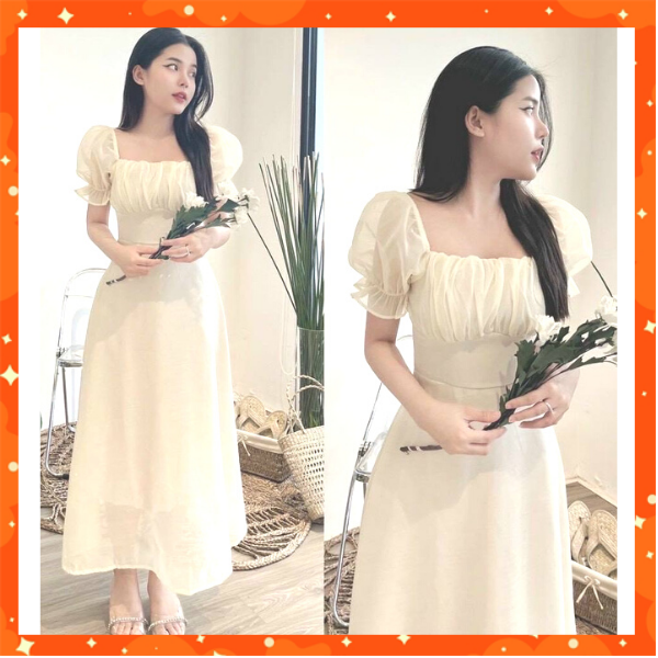 Đầm MIDI màu Nude xếp ly nhún ngực tay bo, váy dáng dài xinh
