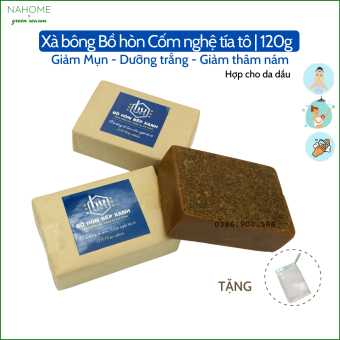 Xà bông bồ hòn Cốm Nghệ Tía Tô, giảm mụn, mờ thâm nám, dưỡng sáng da, phù hợp với da khô, mùi hương thảo, dạng bánh 120gr - Xà phòng Bồ hòn bếp xanh, dùng rửa mặt và tắm, đã được kiểm định chất lượng Nahome