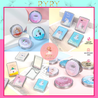 Gương trang điểm mini cầm tay, gương gập 2 mặt kim tuyến nước chảy