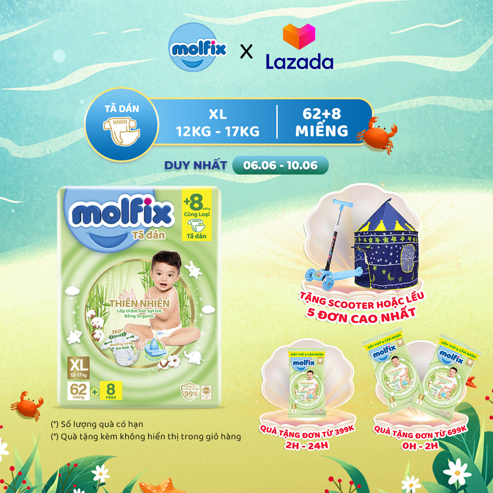 [Đơn 399K Tặng 2 miếng tã quần size L ] Tã/bỉm dán Molfix Thiên nhiên Super Jumbo XL (12kg - 17kg) - Gói 62+8 miếng