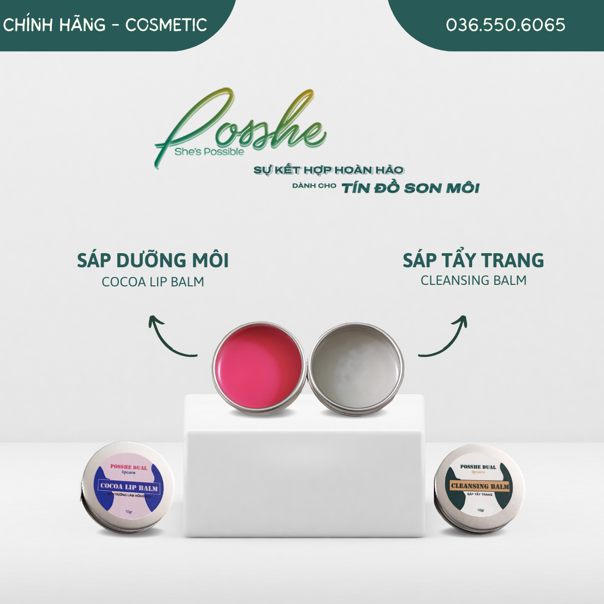 COMBO Son Dưỡng Hồng Môi Posshe 5g + Sáp Tẩy Trang Môi Posshe 5g