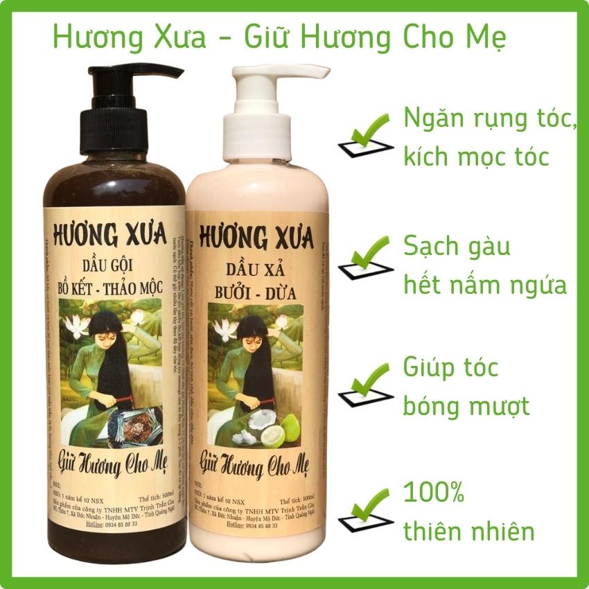 [COMBO TIẾT KIỆM] Dầu gội Bồ kết và Dầu xả Bưởi dừa Hương Xưa sạch gàu, hết nấm ngứa, ngăn rụng tóc, kích thích mọc tóc, mượt tóc, chăm sóc tóc chuyên sâu - Dầu gội dầu xả thiên nhiên