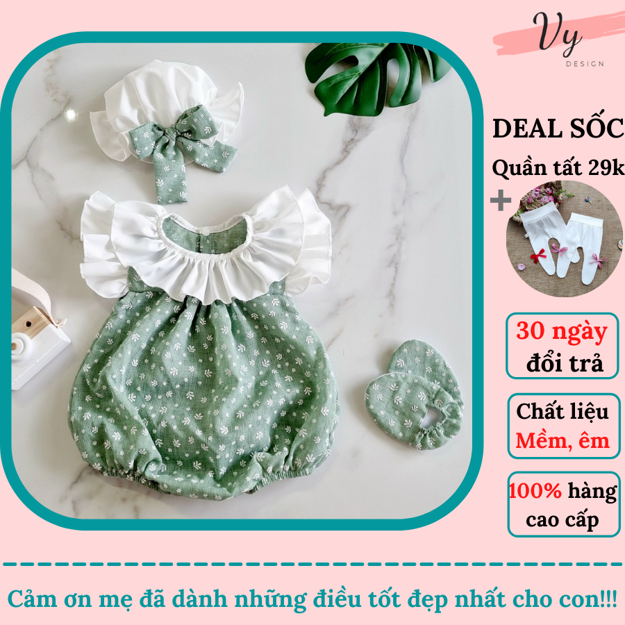 Set body cho bé gái sơ sinh vy design. body bé gái hoạ tiết lá xanh kèm mũ và vớ. body đầy tháng cho bé sơ sinh 0 12 tháng