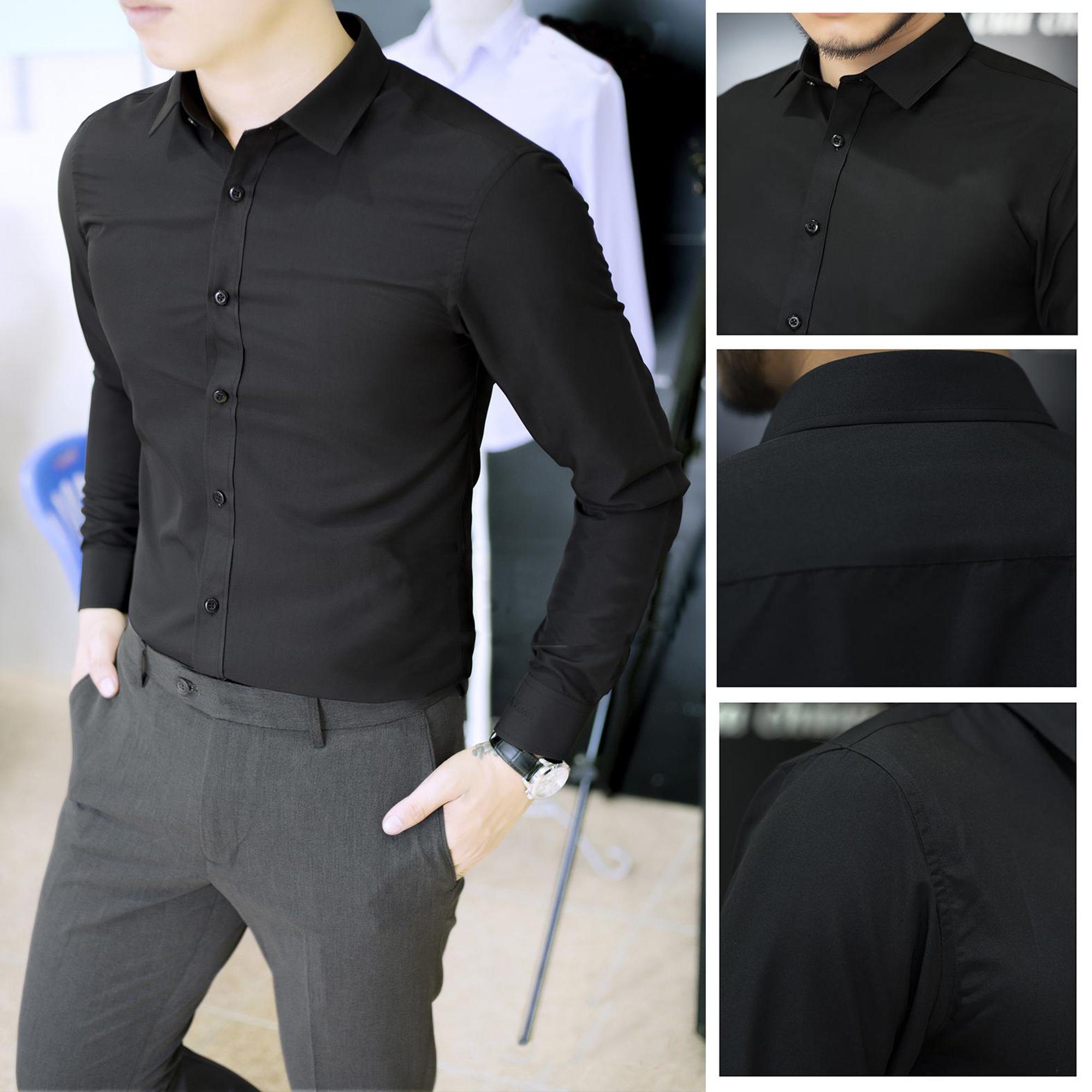 Áo sơ mi áo sơ mi lụa trơn nam đẹp dáng slim Hàn Quốc trẻ trung vải mềm mịn ít nhăn không xù không b