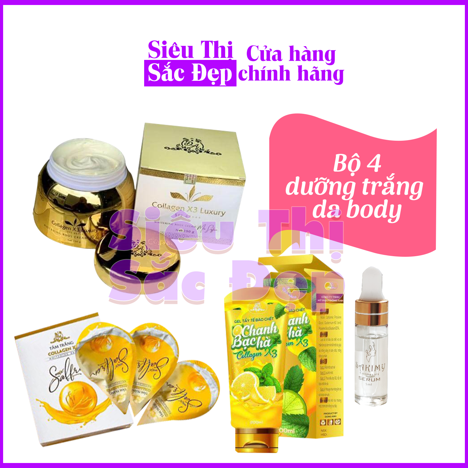 Bộ 4 trắng da body gồm: Body collagen x3 luxury, tắm trắng collagen x3 mix saffron, tẩy tế bào chết chanh x3 và Serum kích trắng Sakimy (Chính hãng)
