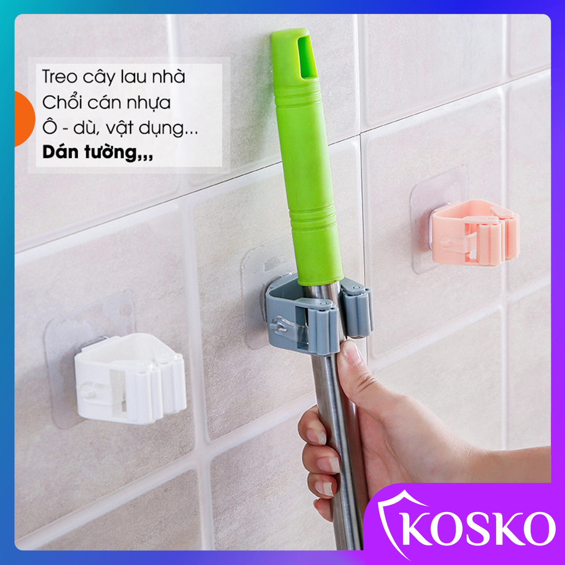 Móc dính tường treo cây chổi lau nhà Kosko chịu lực 5kg thông minh tiện lợi, móc treo chổi cây lau nhà cọ chà toilet, móc kẹp dán tường tiện lợi - Móc treo