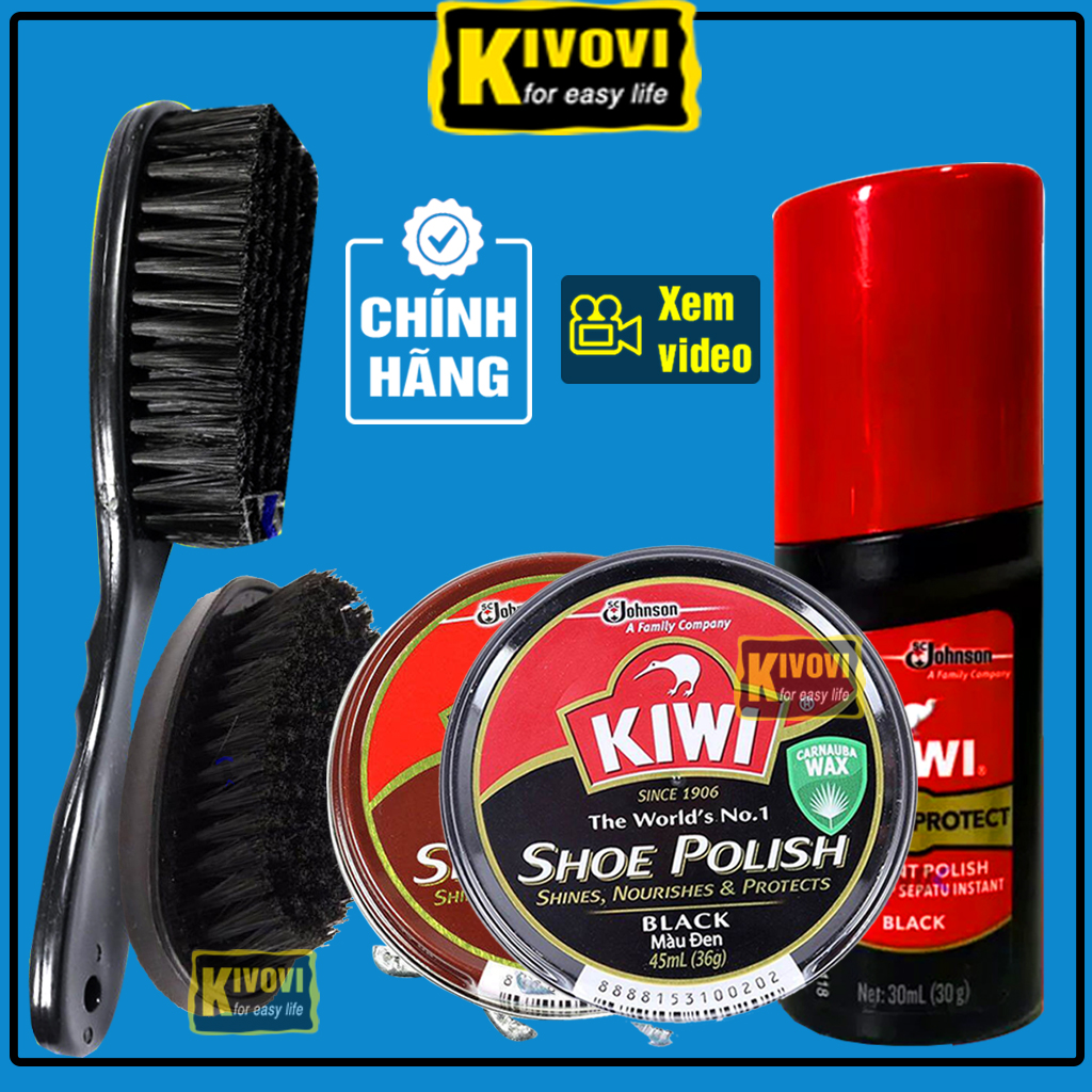 Xi Đánh Giày Đen Nâu Kiwi Đánh Bóng Giày Da CHÍNH HÃNG THÁI LAN - Dụng Cụ Vệ Sinh Giày Xi Đánh Giày + Bàn Chải Đánh Giày Lông Nhựa KIWI - Si Sáp Đánh Giày Kiwi Đen Nâu Xi Sáp, Xi Nước- Kivovi