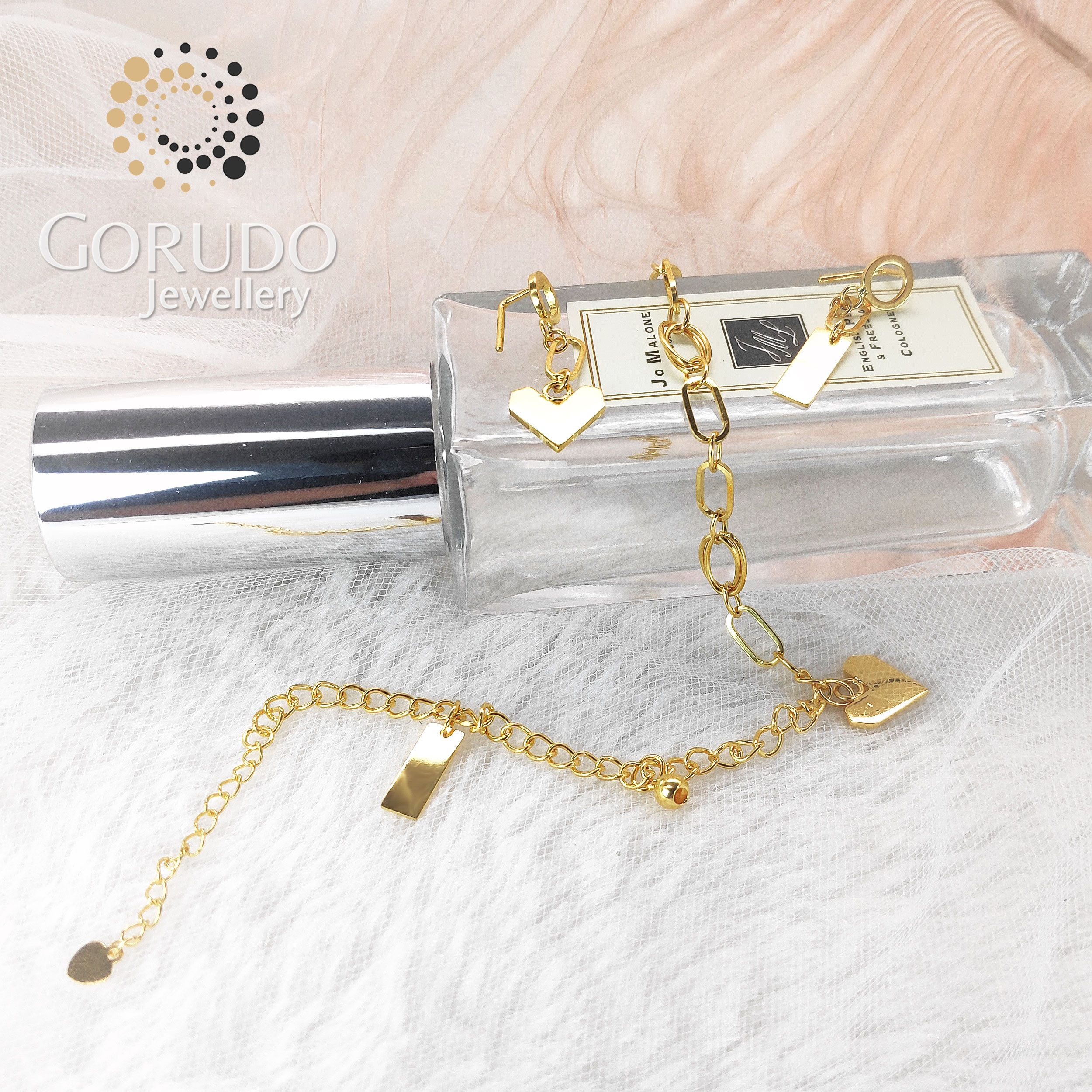 Gorudo Jewellery in oro puro 999 con cuore + sfera + barra bi-braccialetto/orecchino/catena (set di gioielli)