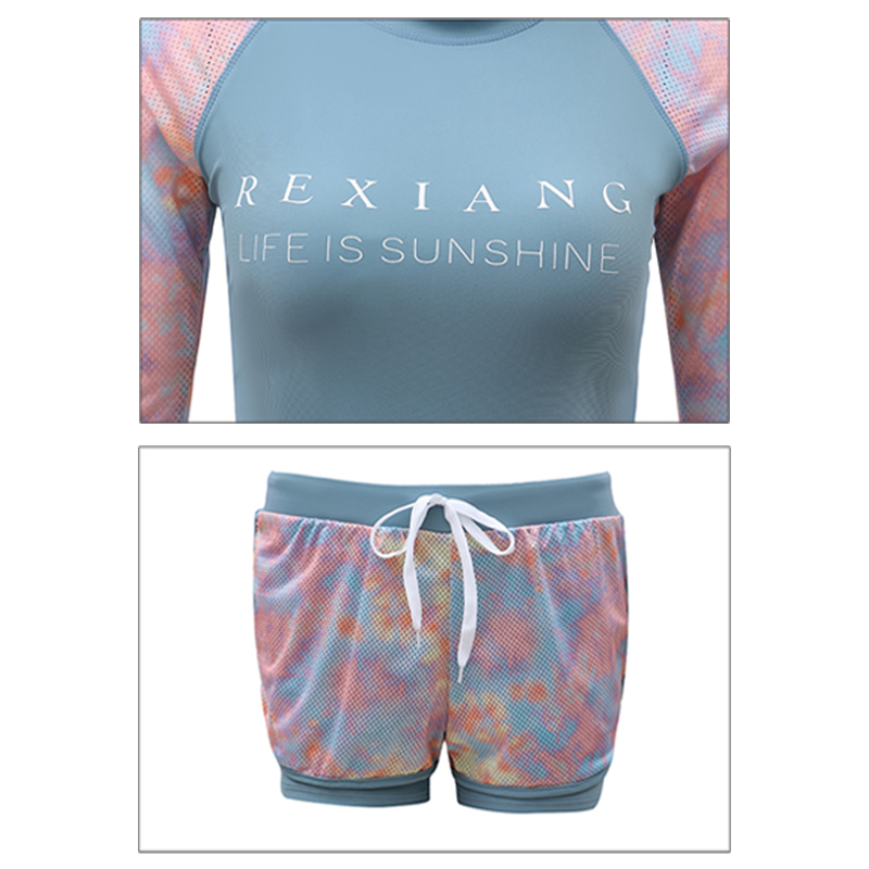 มุมมองเพิ่มเติมของสินค้า Colorful Life ชุดว่ายน้ำ กางเกงขาสั้น เสื้อแขนยาว ชุดว่ายน้ำหญิง M L XL XXL ชุดว่ายน้ำเกาหลี Powder Blue Long Sleeve Swimsuit