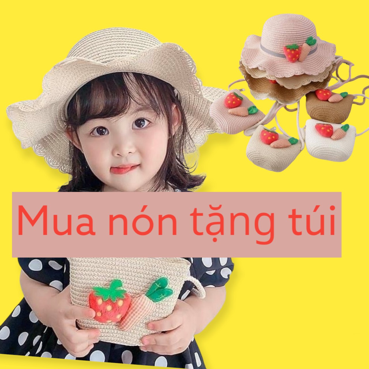 Siêu hót combo mũ nón cói và túi cói đi biển cho bé gái familylove, nón cói rộng vành kèm túi cói siêu hot 2022