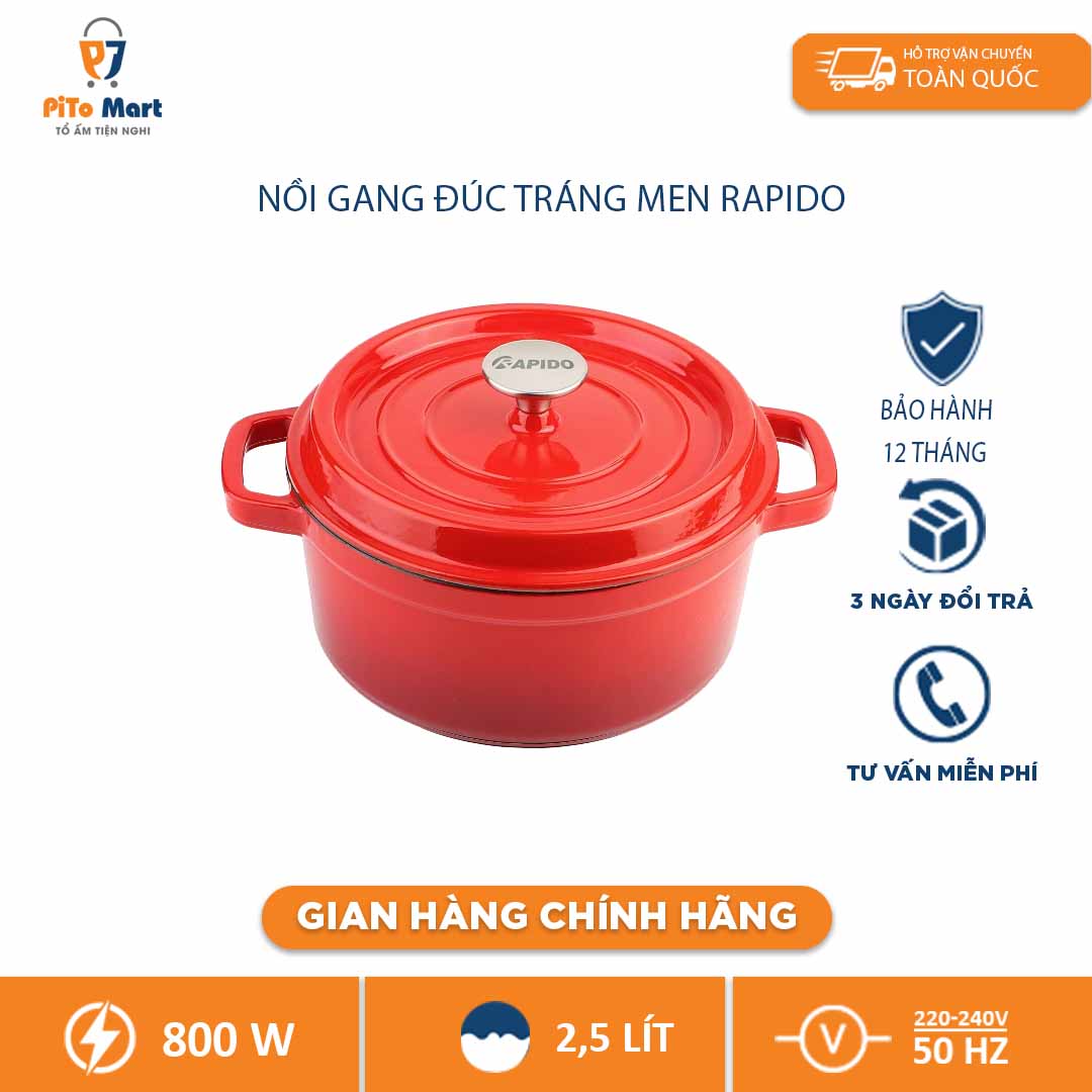 Nồi gang đúc tráng men Rapido Đúc nguyên khối Lòng nồi tráng men Chịu sốc nhiệt lên tới 260 độ C Sử dụng với mọi loại bếp