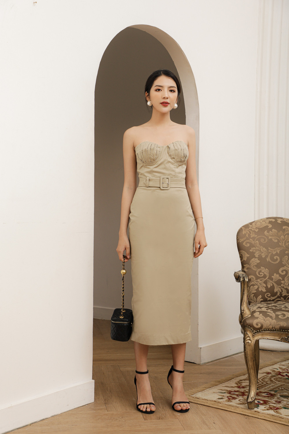 Đầm dài cup ngực xếp kèm belt màu da - xipi