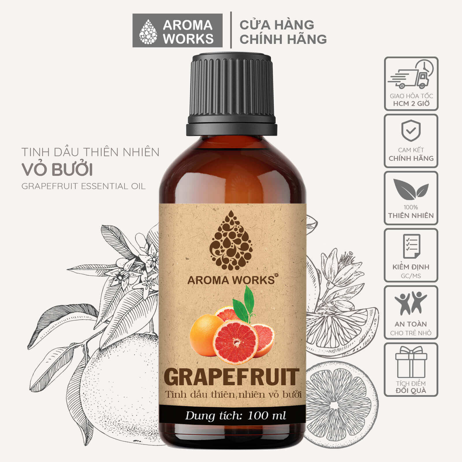 Tinh Dầu Bưởi Aroma Works Thiên Nhiên Thơm Phòng, Kích Thích Mọc Tóc, Dưỡng Tóc - Grapefruit
