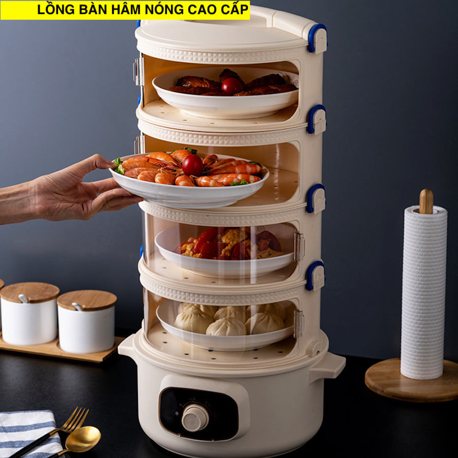 Lồng bàn hâm nóng thức ăn, kệ 4 tầng + 1 nồi hấp bảo vệ thức ăn cao cấp