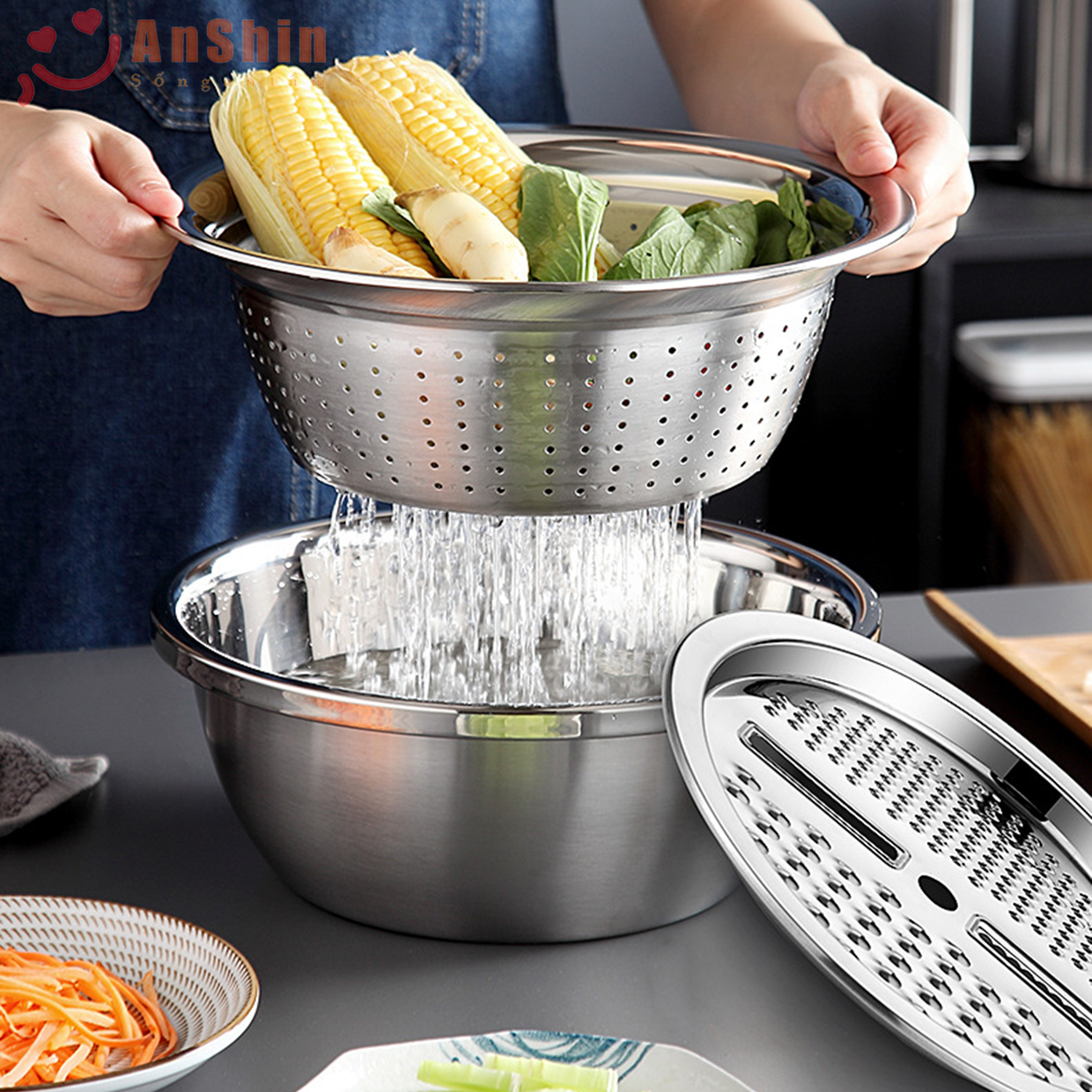 Bộ rổ và chậu inox kèm mâm nạo và gọt vỏ rau, củ, quả 3 trong 1 đa năng, tiện dụng, tiết kiệm