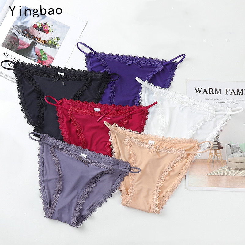 Yingbao 1pcs Seamless Ice Silk Panties Women Low Waist Cut Rise Ladies Lace  Underwear Plus Size 2020 Black Pink Dark Blue Purple Maroon Coffee