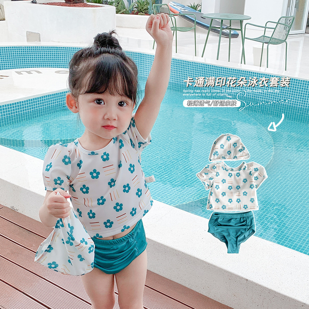 Đồ bơi bé gái 1-6 tuổi - Bikini bé gái 2 mảnh kèm mũ họa tiết hoa xanh siêu dễ thương tặng kèm nón