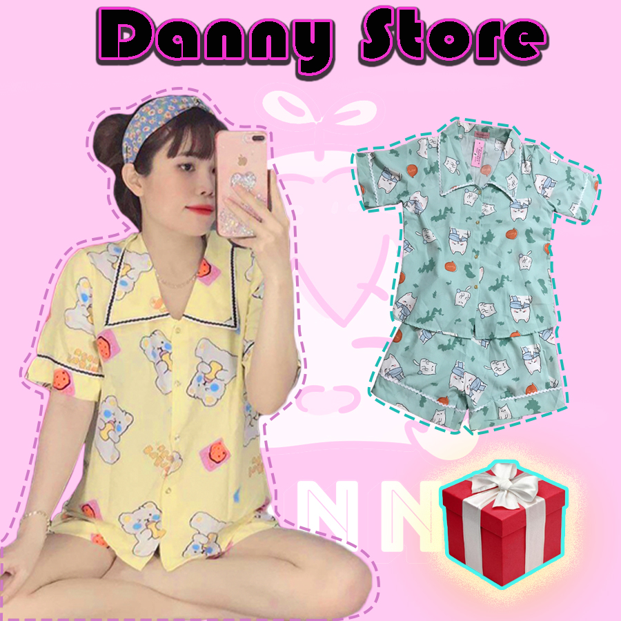 Đồ bộ Pijama ngắn, Đồ bộ lụa Mango họa tiết dễ thương cho nữ