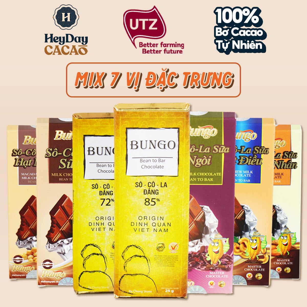 Socola Nguyên Chất Bungo - Thanh 25g/100g - Thuần Bơ Cacao Tự Nhiên - Từ Hạt Cacao Trinitario Lên Men Thủ Công