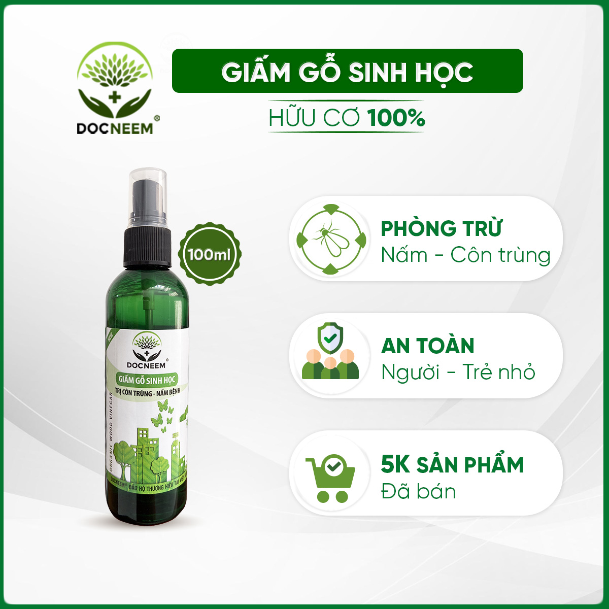 Giấm gỗ sinh học DOCNEEM  xua đuổi côn trùng sâu bệnh, trị nấm, bọ trĩ, rệp vảy, nhện đỏ, hữu cơ sinh học, an toàn tuyệt đối, chai 100ml, thương hiệu Docneem