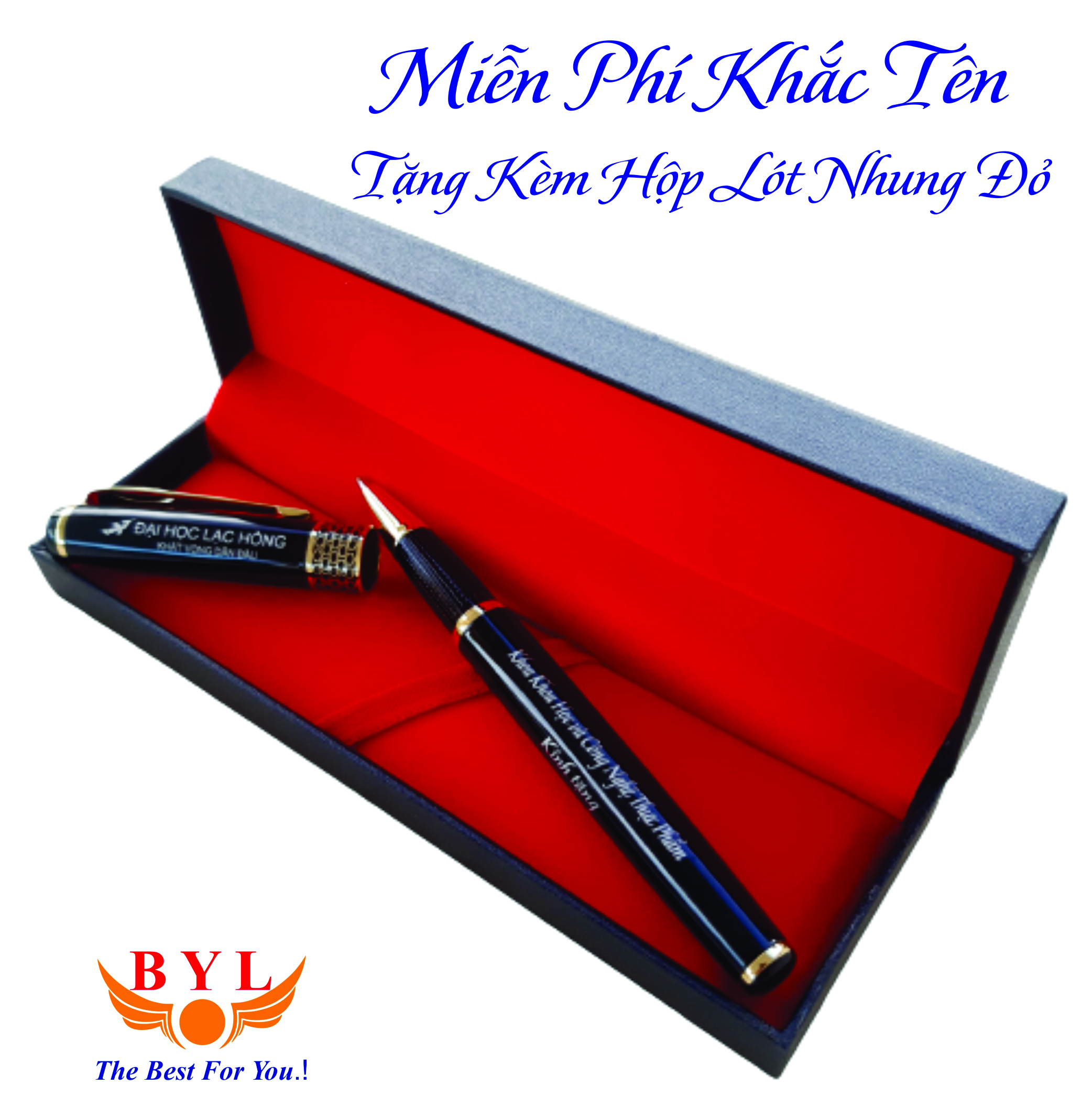 Bút Ký Khắc Tên BYL-007/Miễn phí khắc tên/Bút bi vỏ màu đen, mực xanh hoặc đen, Tặng hộp quà hộp đỏ lót nhung