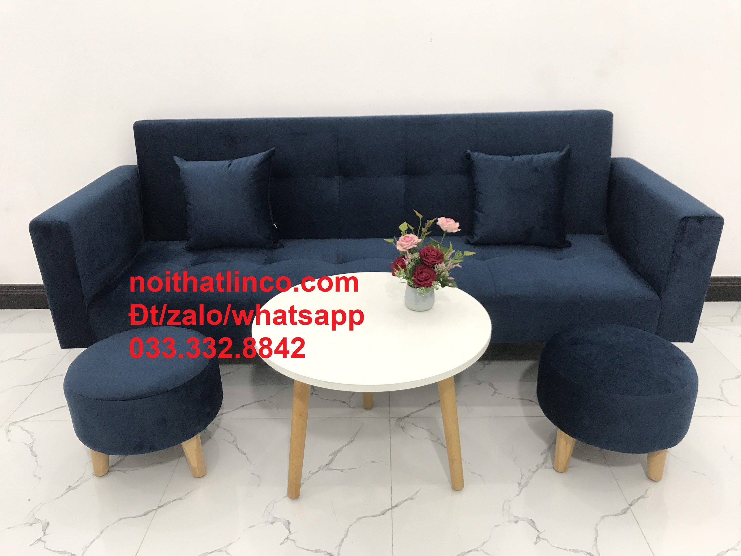 Bộ ghế sofa băng giường BTV xanh dương đậm vải nhung nhiều kích cỡ