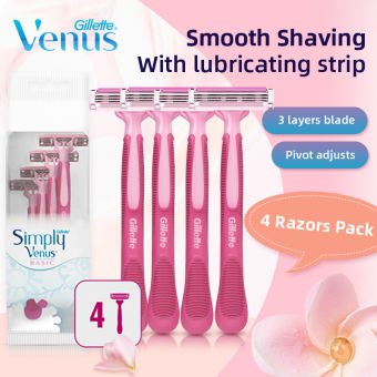 Gillette Venus Simply 3 Basic Razor Disposable 3 Layers Blade 4Pcs/Pack Lubrication Strip Protection Fin Pivot Adjusts Fit Body Curves