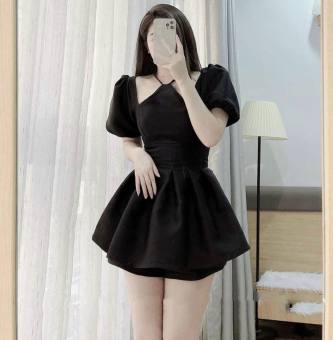 Set Váy Áo Xếp Ly Cổ Yếm Tay Ngắn Phồng Mix Chân Váy Ngắn Cực Đáng Yêu