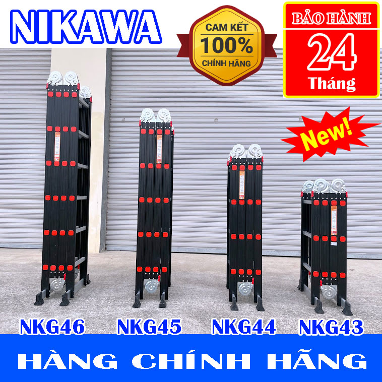 Thang nhôm gấp 4 đoạn Nikawa - Chữ A: 1.7m - 2.3m - 2.8m - 3.3m Chất liệu: Nhôm,được sơn tĩnh điện màu vàng. Tiêu chuẩn châu âu EN131, EN14183, CE.