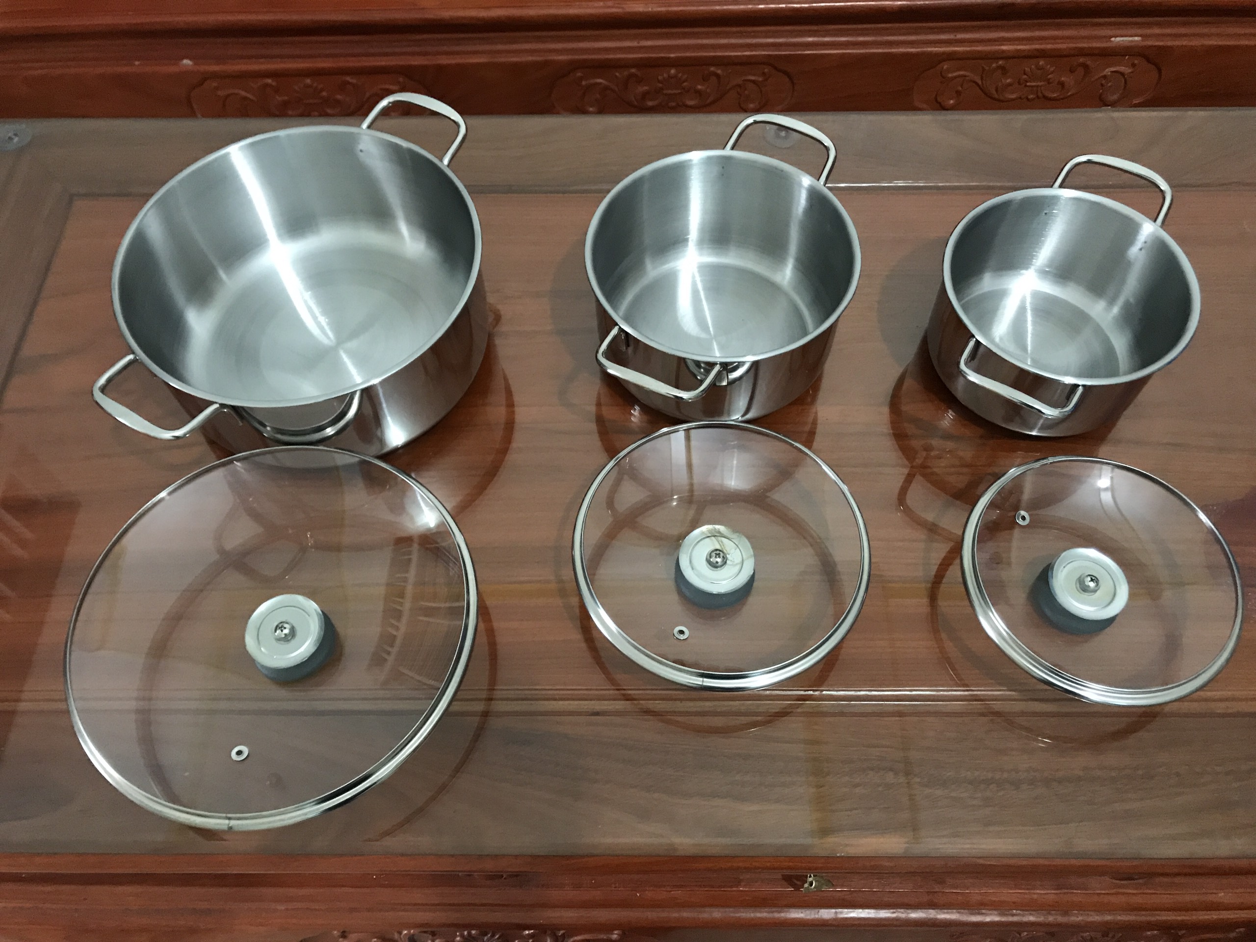 Bộ 3 nồi inox nắp kính Panasonic size 16-18-24cm, Bộ 3 nồi Five Star nắp kính quà tặng của Panasonic