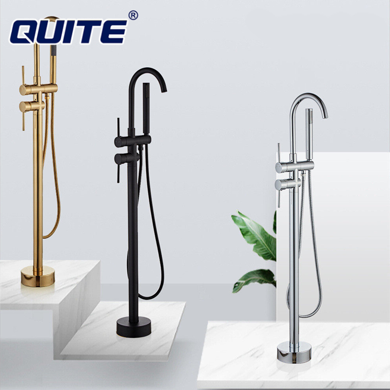 QUITE Hot and Cold Mixing Floor-standing Bathtub Faucet Tank Side Wooden Barrel Column Basin Shower Faucet Hand-held Shower Set ราคา 3,964 บาท*ส่งฟรี