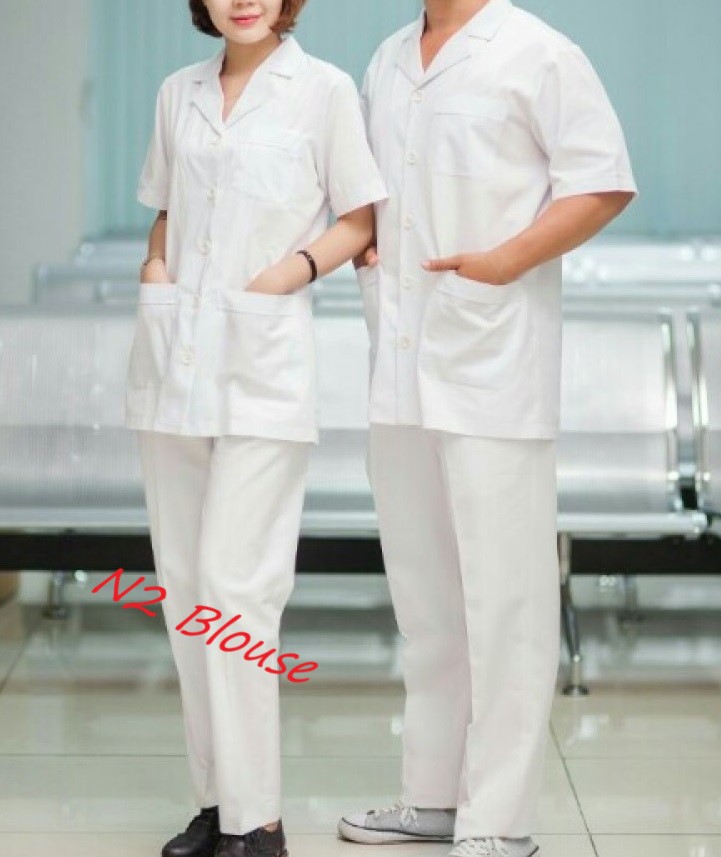 Bộ quần áo blouse cộc tay nam cho điều dưỡng, y tá ,dược sĩ, vải lon nhật và thô cotton