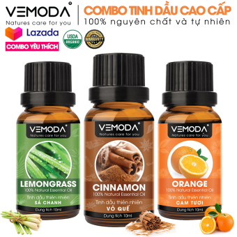 Tinh dầu xông phòng cao cấp gồm 3 chai tinh dầu nguyên chất: tinh dầu Sả chanh (10ml) + tinh dầu Vỏ quế (10ml) + tinh dầu Cam tươi (10ml) Vemoda
