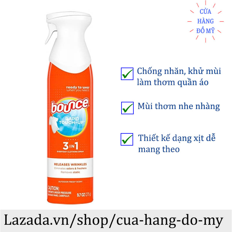 Xịt Thẳng Thơm Khử Mùi Quần Áo Bounce Rapid Touch-up 3 In 1 275g của Mỹ giúp quẩn áo chống nhăn và khử mùi - Shop Hong1008