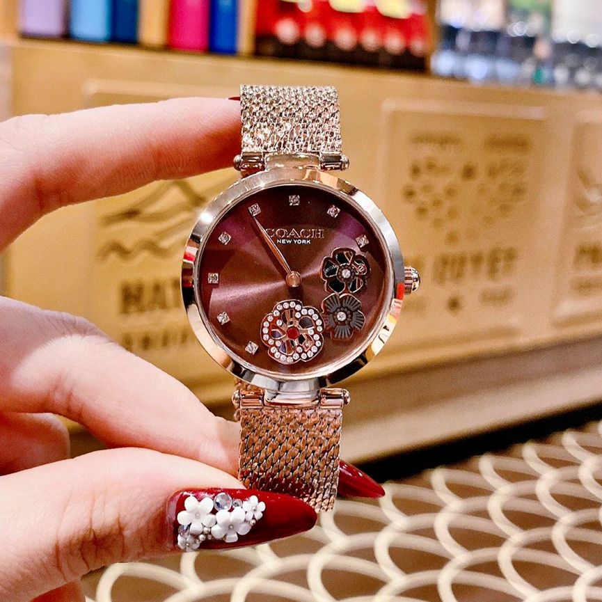 Đồng hồ nữ dây lưới C0ach Park Carnation mặt hoa đính đá Swar0vski size 34mm fullbox, chống nước , vỏ thép không gỉ , đồng hồ nữ cao cấp