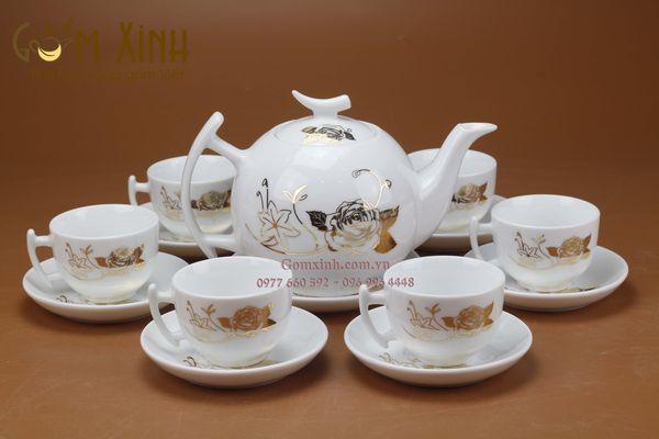 Bộ ấm chén Bát Tràng Bưởi cành hoa hồng vàng kim