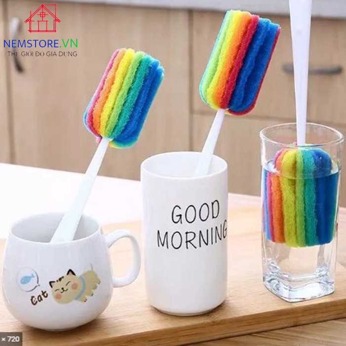 Cọ rửa ly cốc bình nước - cọ rửa bình sữa 7 màu cán dài chắc chắn