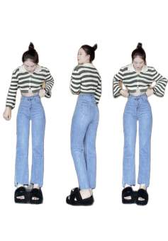 Quần Ống Đứng Nữ Màu Xanh Chất Jeans Bò Cạp Cao Tôn Dáng Siêu Đẹp