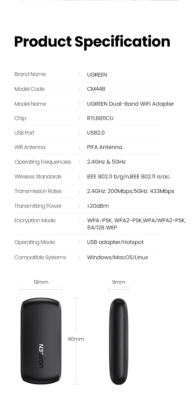 เกี่ยวกับ UGREEN อะแดปเตอร์ Wifi ตัวรับสัญญาณ WiFi 650Mbps USB WiFi 2.4G และ5G Netowrk การ์ดสำหรับคอมพิวเตอร์พีซี USB อะแดปเตอร์ WiFi USB อีเธอร์เน็ทไวไฟ